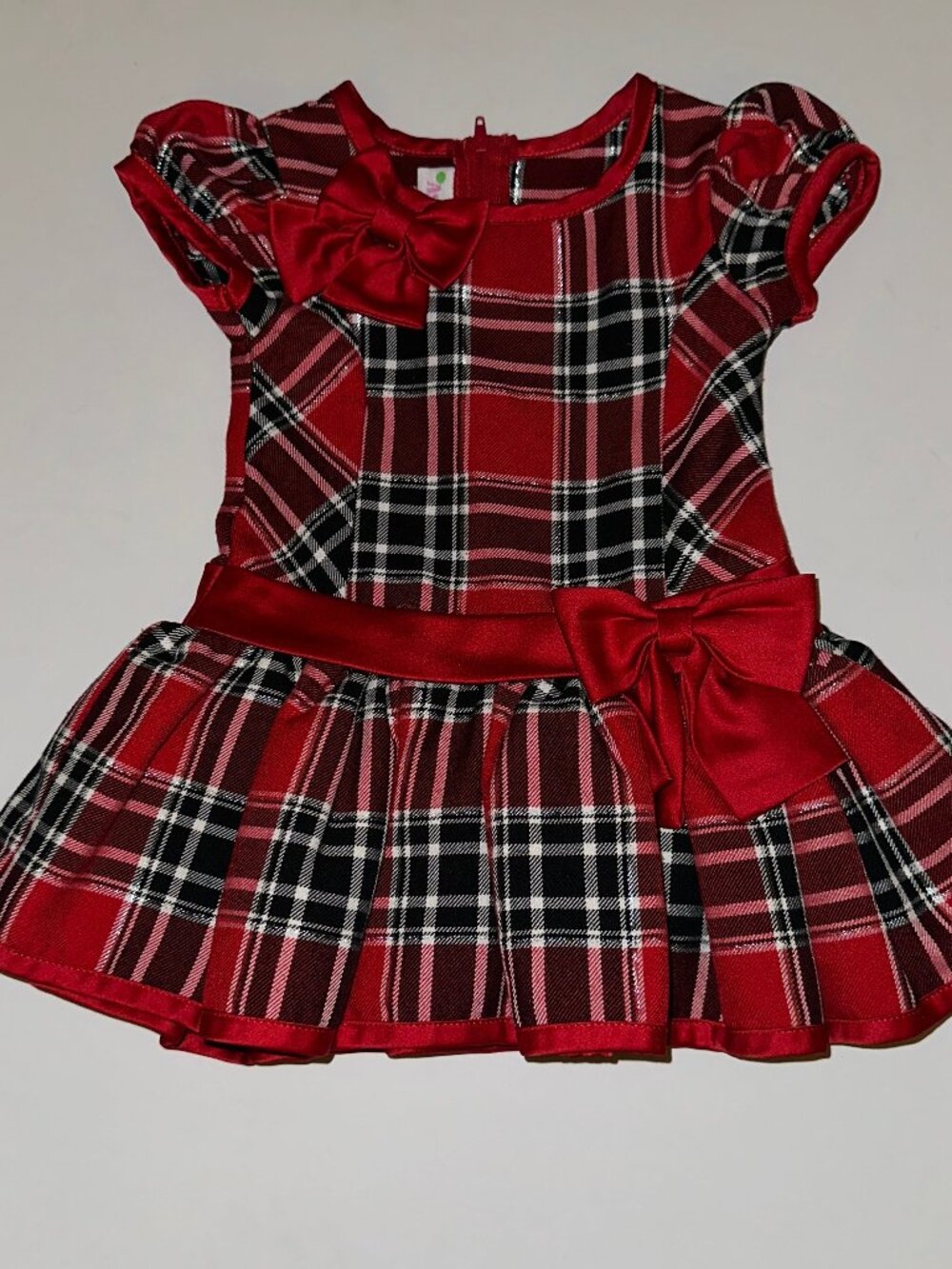 Infant Girls Red & Black Plaid dropped waist bow trimmed Party Dress 12m